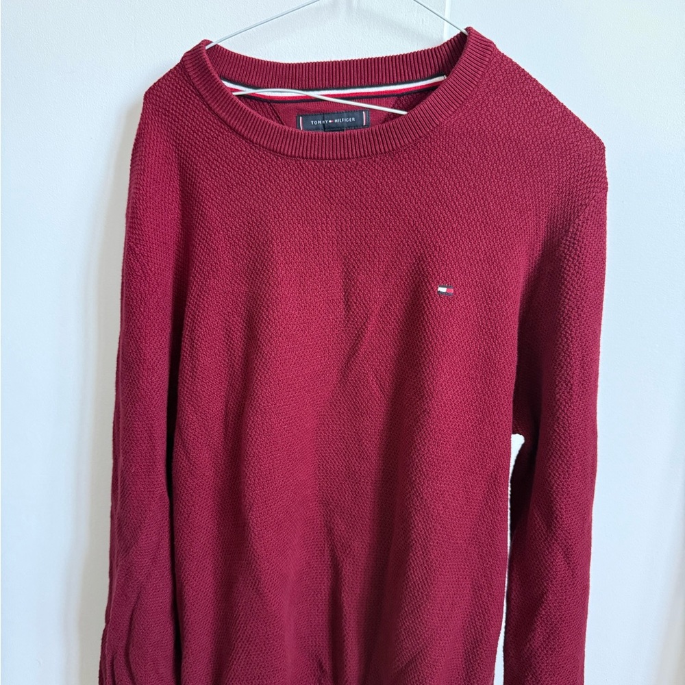 Tommy Hilfiger Red Crewneck Sweater with Signature Stripe